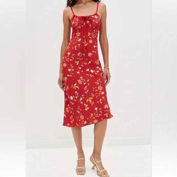 Reformation Camira Crepe Midi-Dress in Borsa Floral Red | Size 0 - Picture 1 of 14